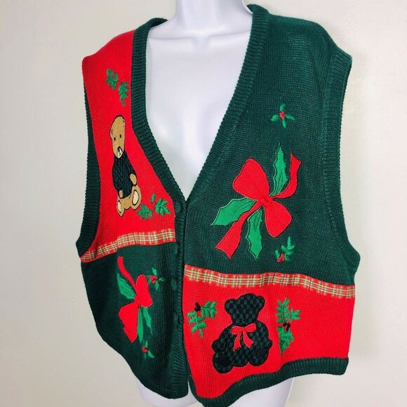 Vintage Bryn Connelly Sweater Vest Womens 2X Green Christmas New Teddy Bears - Picture 4 of 7